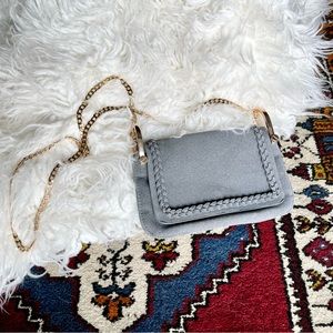 Gray suede purse with gold chain